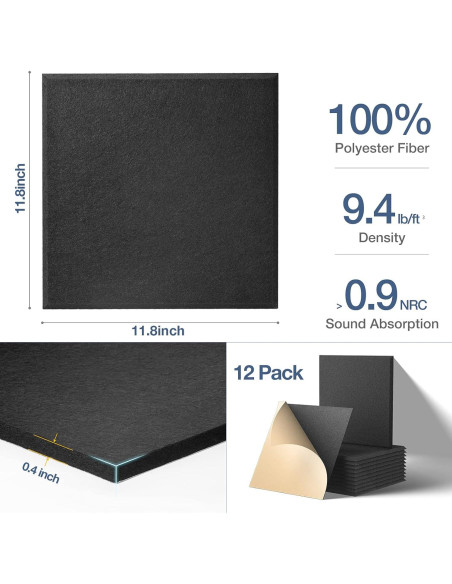 Paquete de 12 Paneles Acústicos Autoadhesivos 30x30 cm - Negro