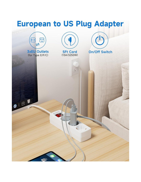 Adaptador de Enchufe UE a EE. UU. ROOTOMA 3 Salidas 1.52m Adaptador de Enchufe UE a EE. UU. ROOTOMA 3 Salidas 1.52m