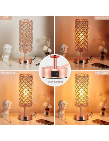 Lámpara de Mesa Táctil Hong-in Rosa Dorada con USB-C y A