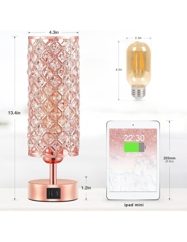 Lámpara de Mesa Táctil Hong-in Rosa Dorada con USB-C y A