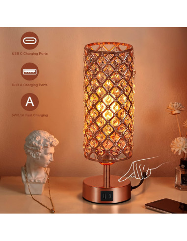 Lámpara de Mesa Táctil Hong-in Rosa Dorada con USB-C y A