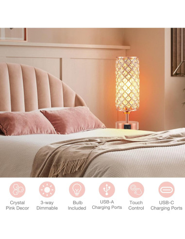 Lámpara de Mesa Táctil Hong-in Rosa Dorada con USB-C y A