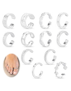 Conjunto 12 Anillos de Dedo del Pie Ajustables Tyqour Plata