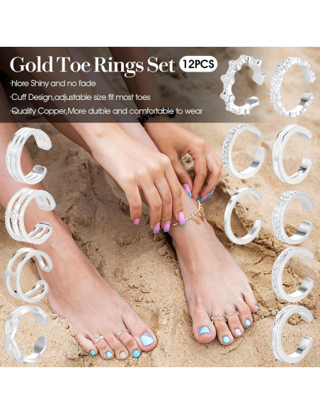 Conjunto 12 Anillos de Dedo del Pie Ajustables Tyqour Plata