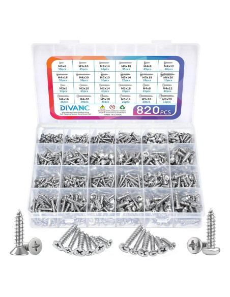 Juego de Tornillos de Madera DIVANC 820PCS M3 M4 M5 M6 Acero Inox