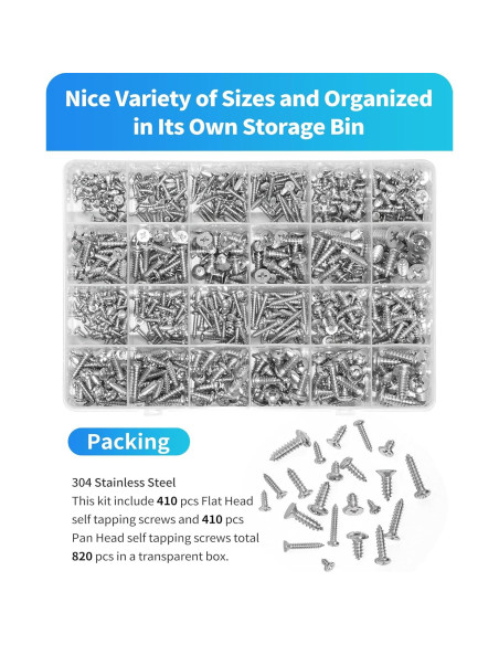 Juego de Tornillos de Madera DIVANC 820PCS M3 M4 M5 M6 Acero Inox