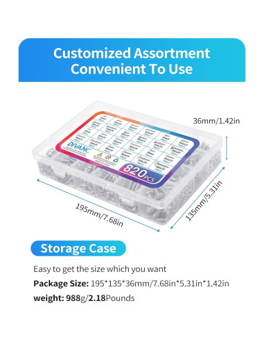 Juego de Tornillos de Madera DIVANC 820PCS M3 M4 M5 M6 Acero Inox