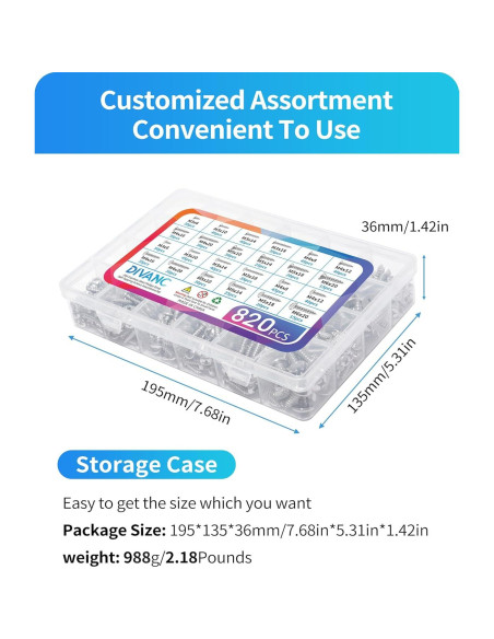 Juego de Tornillos de Madera DIVANC 820PCS M3 M4 M5 M6 Acero Inox