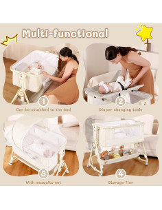 Cuna Lateral 5 en 1 FYYWBABY Beige con Colchón y Red Antimosquitos 2