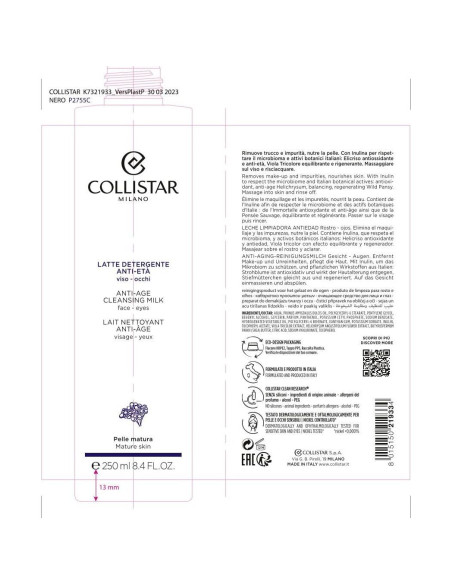 Leche Limpiadora Anti-Envejecimiento Collistar 248 ml