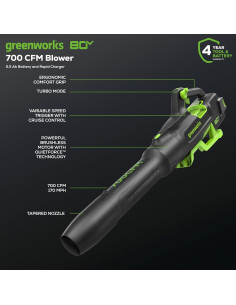 Soplador de Hojas Greenworks 80V 700 CFM Batería 2.5Ah 2