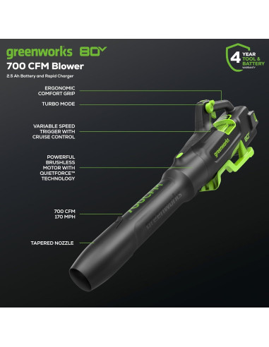 Soplador de Hojas Greenworks 80V 700 CFM Batería 2.5Ah