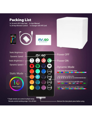 Silla Cubo LED Mr.Go 16" Recargable RGB Control Remoto