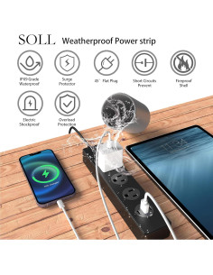 Toma de Corriente Exterior IPX9 SOLL 1.58m 3 Salidas USB-C 2