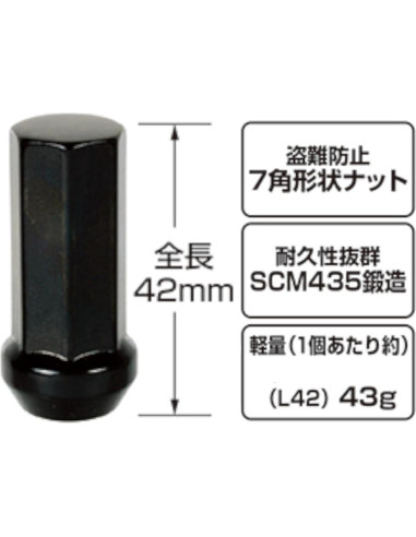 Tuerca de Llanta Kics WHPF3BL42 Heptágono Negra 42mm