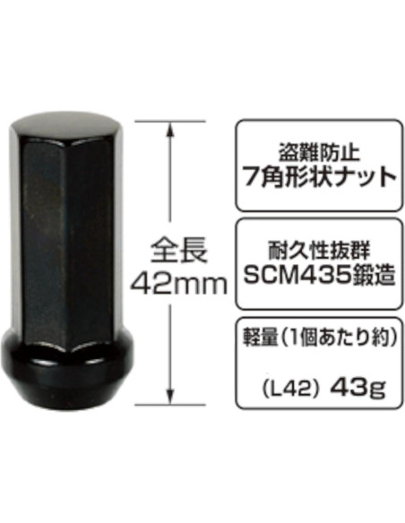 Tuerca de Llanta Kics WHPF3BL42 Heptágono Negra 42mm