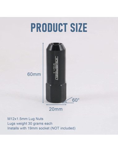 Tuercas de Aluminio JDMSPEED 60mm M12x1.5 20 Pcs Negras