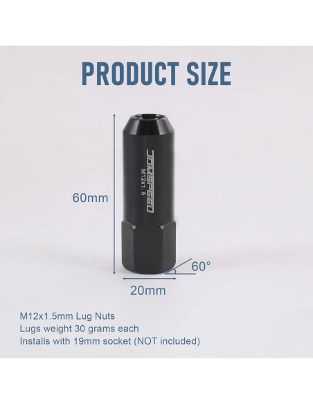 Tuercas de Aluminio JDMSPEED 60mm M12x1.5 20 Pcs Negras