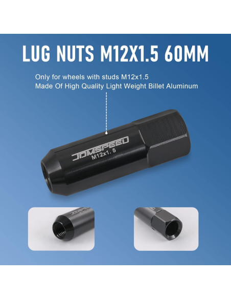Tuercas de Aluminio JDMSPEED 60mm M12x1.5 20 Pcs Negras