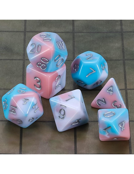Conjunto de Dados Poliedricos CiaraQ 7 Piezas Azul/Rosa/Blanco