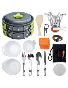 Juego de Utensilios de Camping MalloMe 18 Piezas Aluminio Verde