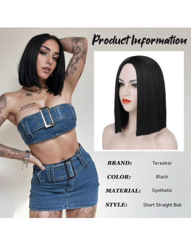 Peluca Bob Negra Tereshar Sintética 30 cm Resistente al Calor