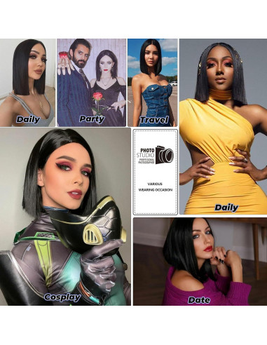 Peluca Bob Negra Tereshar Sintética 30 cm Resistente al Calor