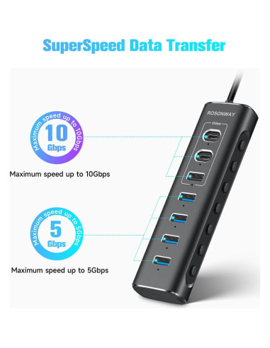 Hub USB 3.2 Alimentado Rosonway 7 Puertos 10Gbps
