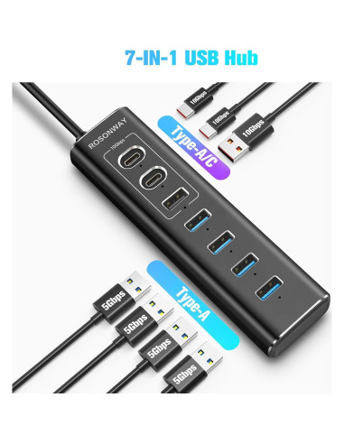 Hub USB 3.2 Alimentado Rosonway 7 Puertos 10Gbps