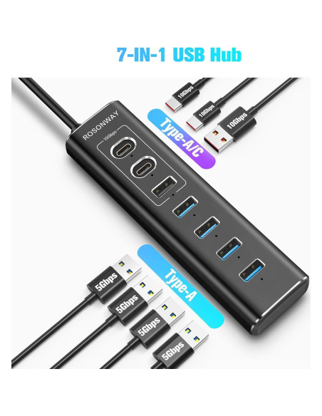 Hub USB 3.2 Alimentado Rosonway 7 Puertos 10Gbps