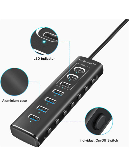 Hub USB 3.2 Alimentado Rosonway 7 Puertos 10Gbps