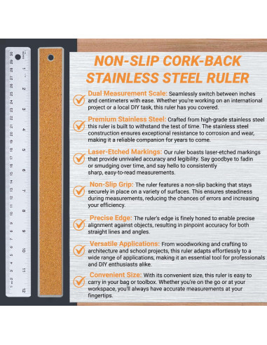 Regla de Acero Inoxidable Herald 30.5 cm Antideslizante