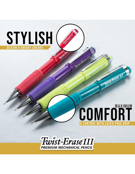 Lápiz Mecánico Pentel Twist-Erase III 0.7mm Negro Paquete 4