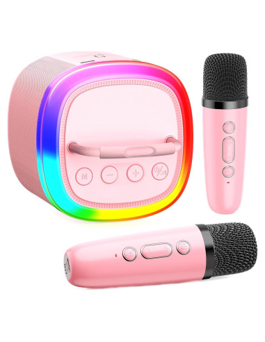Mini Máquina de Karaoke HWWR Rosa 2 Micrófonos Inalámbricos