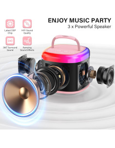 Mini Máquina de Karaoke HWWR Rosa 2 Micrófonos Inalámbricos 2