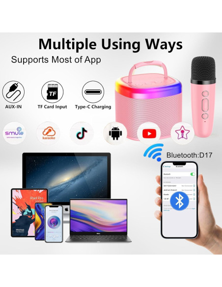 Mini Máquina de Karaoke HWWR Rosa 2 Micrófonos Inalámbricos
