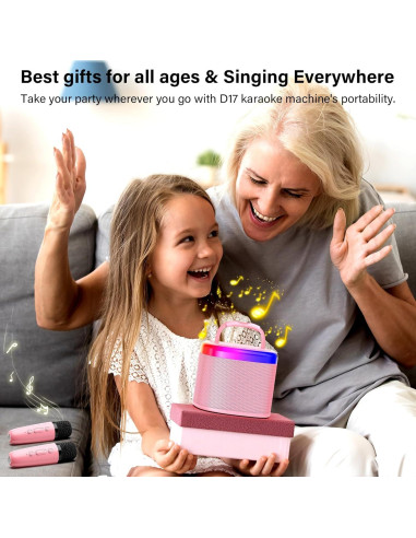 Mini Máquina de Karaoke HWWR Rosa 2 Micrófonos Inalámbricos