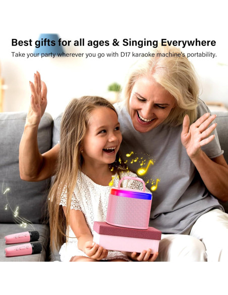 Mini Máquina de Karaoke HWWR Rosa 2 Micrófonos Inalámbricos
