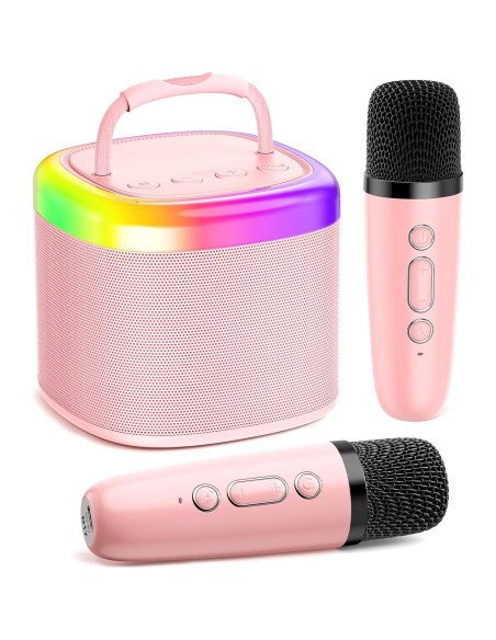 Mini Máquina de Karaoke HWWR Rosa 2 Micrófonos Inalámbricos