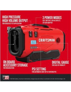 Inflador de Neumáticos CRAFTSMAN V20, Compresor Portátil 20V 2
