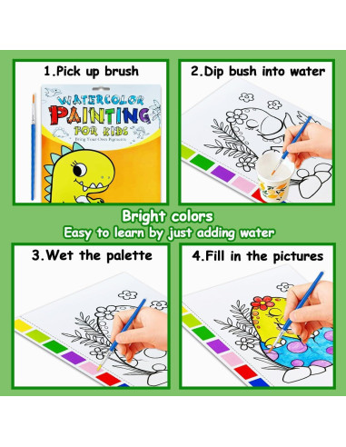 Libro de Colorear Acuarela JZILU Dinosaurios - Kit de Pintura