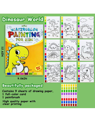 Libro de Colorear Acuarela JZILU Dinosaurios - Kit de Pintura