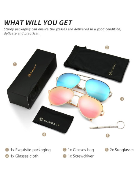 Gafas de sol aviador SUNGAIT - 2 pares polarizados ligeros Gafas de sol aviador SUNGAIT - 2 pares polarizados ligeros