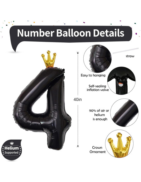 Globo de Número 4 Negro Crown 101,6 cm para Fiestas