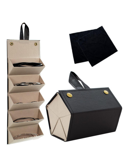 Organizador de Gafas de Sol PU Negro 5 Ranuras y 2 Paños Organizador de Gafas de Sol PU Negro 5 Ranuras y 2 Paños