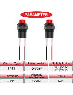 12 Interruptores Auto-bloqueantes Rojo MKBKLLJY 12mm 250V 1.5A 2