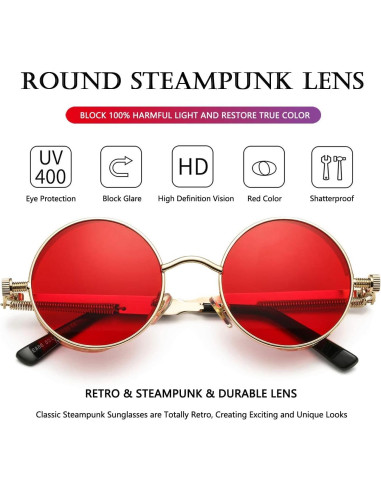Gafas de sol redondas AIEYEZO Steampunk UV 100% oro/rojo océano