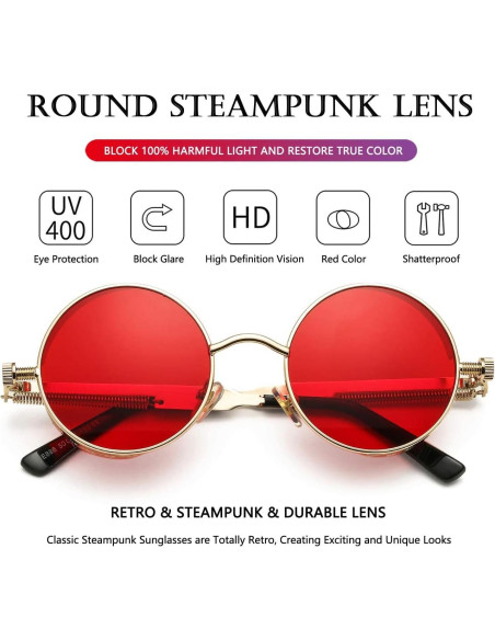 Gafas de sol redondas AIEYEZO Steampunk UV 100% oro/rojo océano