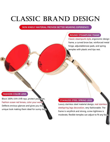 Gafas de sol redondas AIEYEZO Steampunk UV 100% oro/rojo océano
