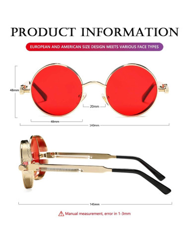 Gafas de sol redondas AIEYEZO Steampunk UV 100% oro/rojo océano